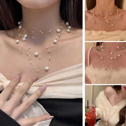 Elegant White Pearl Necklace Women's Clavicle Chain New 2025 Style Autumn/Winter High-End Sweater Chain Multi-Layer Pearl