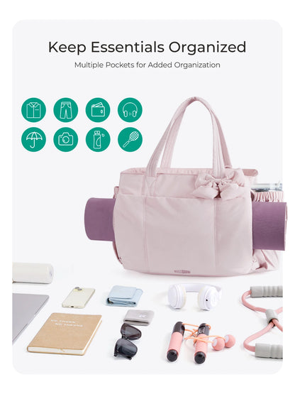 BAGSMART Padded Tote Bag With Bow Casual Quilted Padded Women Shoulder Bags Fit 15.6in Laptop Large Capacity Yoga Gym Bags