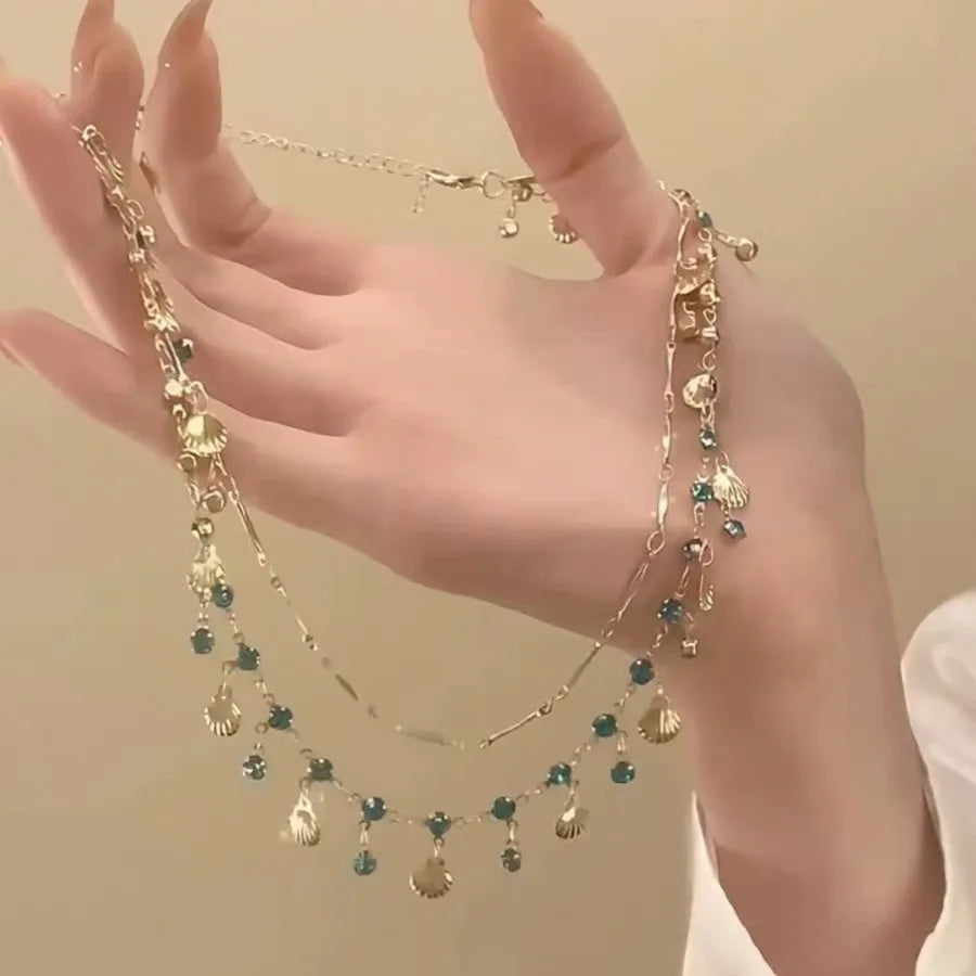 New Romantic Elegant Blue Crystal Shell Tassels Necklace for Women Luxury Charm Clavicle Chain Simple Wedding Jewelry Gifts