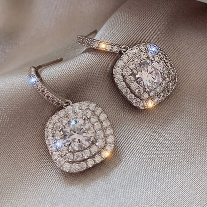 Exquisite Square Shiny Zircon Dangle Earrings - Retro Elegant Style, Silver Plated, Hypoallergenic, Wedding Banquet Accessories, Ideal Gift for Her, Fashion Jewelry for Women