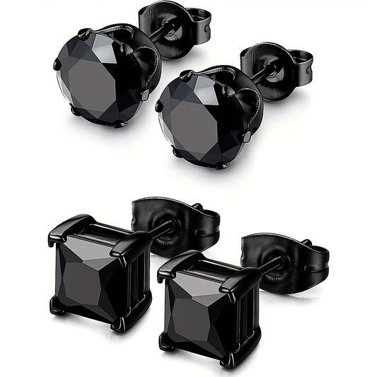 2 Pairs Stainless Steel Unisex CZ Stud Earrings - Durable Hypoallergenic, Jet Black, Sparkling Cubic Zirconia, Perfect for Men & Women