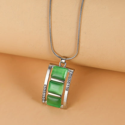 Ladies' Exquisite Rectangular Opal Necklace & Earrings Jewelry Set - Sparkling Rhinestone Imitation Gemstone Pendant, Stud Earrings, Dazzling Birthday Party Accessory, Ideal Gift for Her