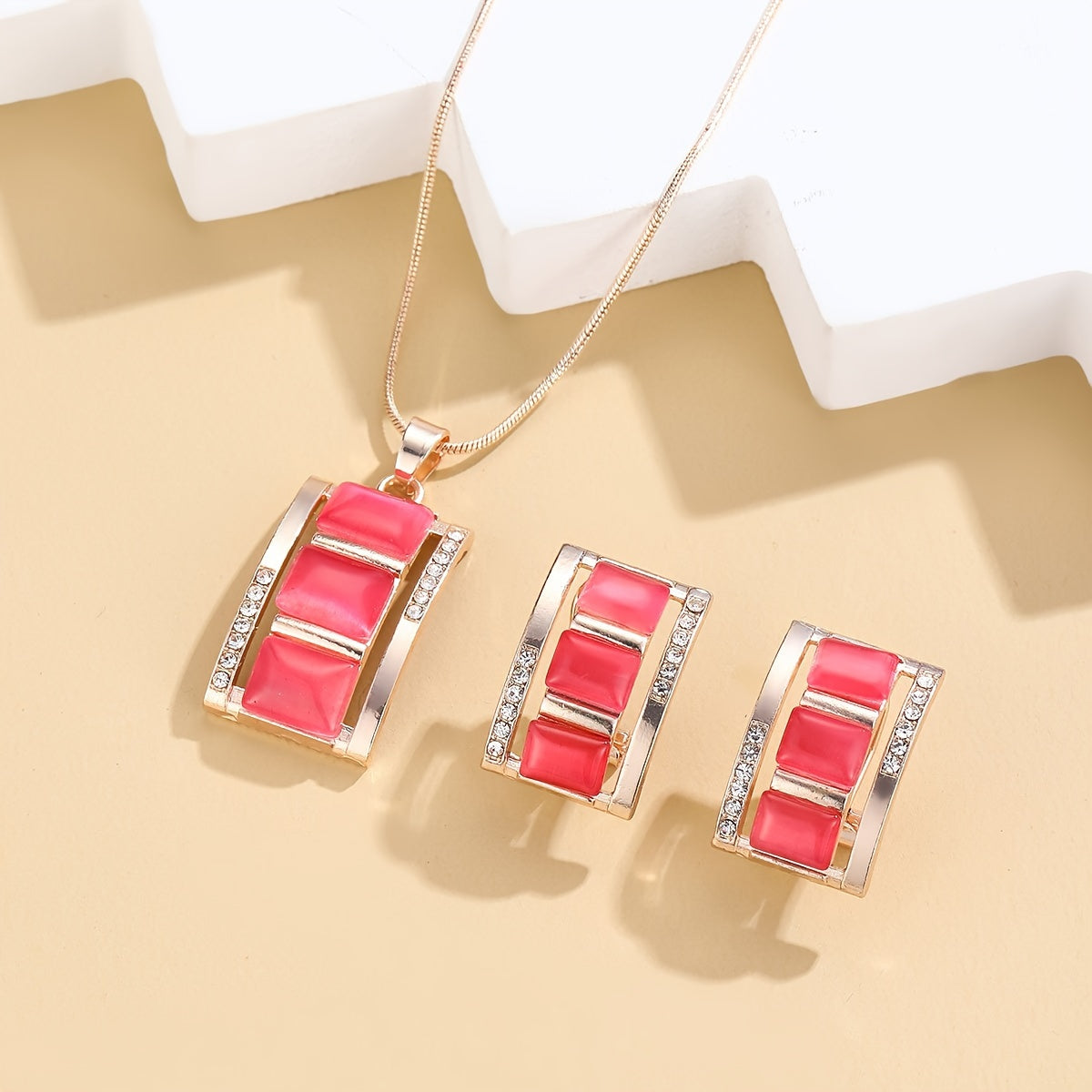 Ladies' Exquisite Rectangular Opal Necklace & Earrings Jewelry Set - Sparkling Rhinestone Imitation Gemstone Pendant, Stud Earrings, Dazzling Birthday Party Accessory, Ideal Gift for Her