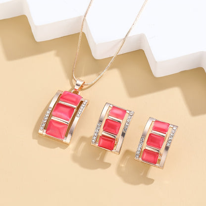 Ladies' Exquisite Rectangular Opal Necklace & Earrings Jewelry Set - Sparkling Rhinestone Imitation Gemstone Pendant, Stud Earrings, Dazzling Birthday Party Accessory, Ideal Gift for Her