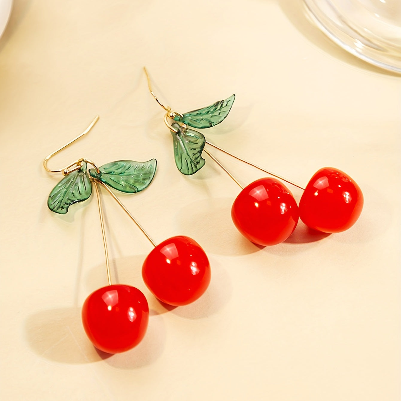 [Cute Cherry Earrings] Exquisite Cherry Drop Earrings - Handmade Resinous Material - Delicate Gift For Students with Green Leaf Cartoon Cute Temperament