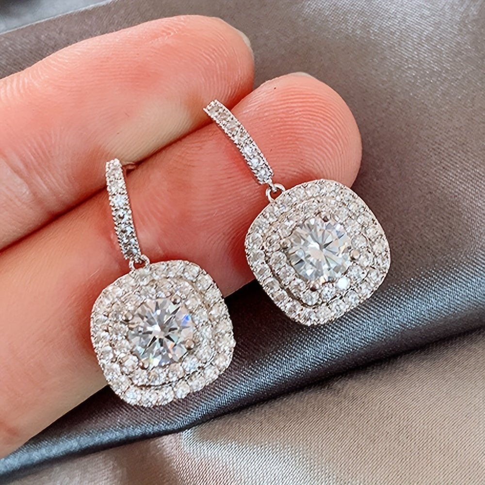 Exquisite Square Shiny Zircon Dangle Earrings - Retro Elegant Style, Silver Plated, Hypoallergenic, Wedding Banquet Accessories, Ideal Gift for Her, Fashion Jewelry for Women
