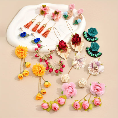 [Popular Choice] Colorful Bohemian Tassel Fabric Flower Earrings - Vibrant Polyester Dangle Earrings with Stainless Steel Hooks for Daily & Party Wear, All-Season Boho Chic Style