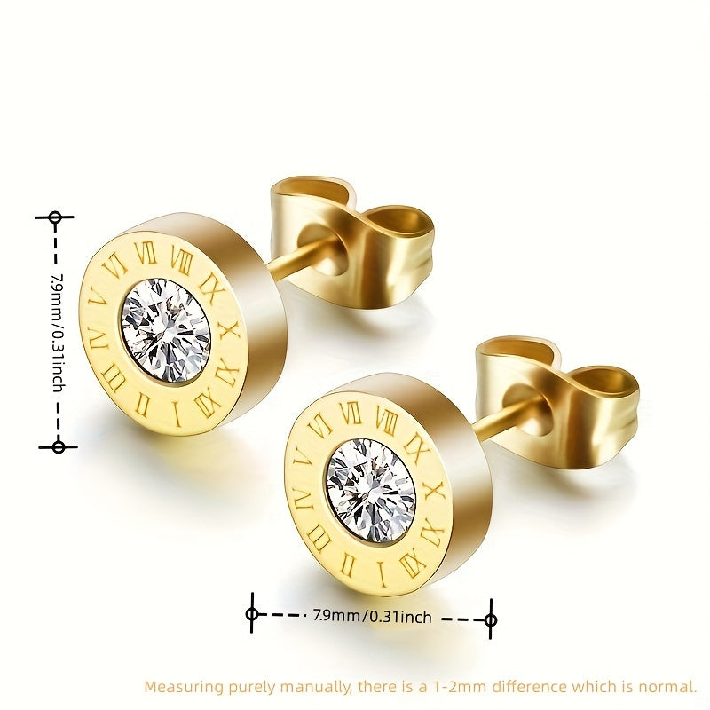 Chic Stainless Steel Roman Numeral Stud Earrings with Sparkling Zirconia - Rose Golden Plated, Perfect for Everyday & Party Wear