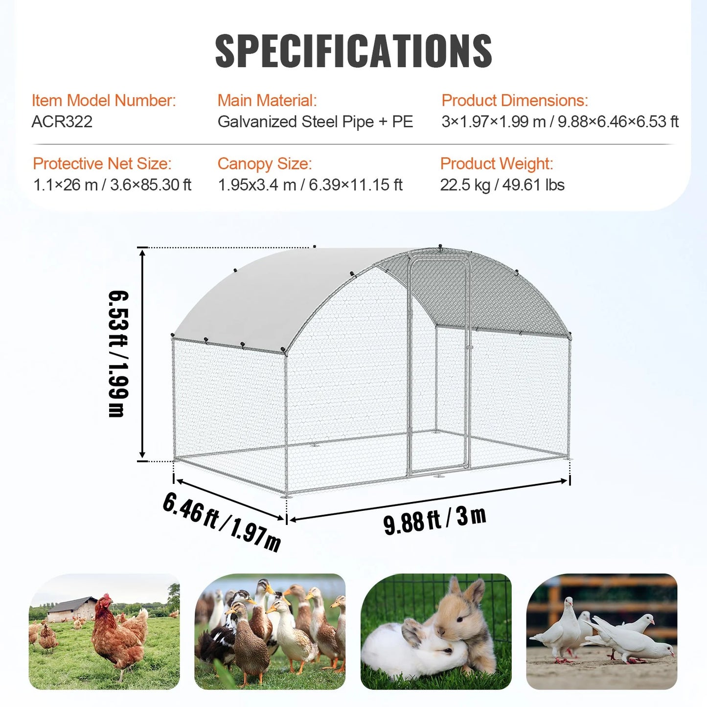 VEVOR Chicken Coop, 9.8X6.5X6.5Ft Walk-In Large Metal Chicken Run for Yard with Waterproof Cover, Doom Roof Hen House with Security Lock for Outdoor and Backyard, Farm, Duck Rabbit Cage Poultry Pen