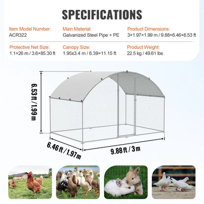 VEVOR Chicken Coop, 9.8X6.5X6.5Ft Walk-In Large Metal Chicken Run for Yard with Waterproof Cover, Doom Roof Hen House with Security Lock for Outdoor and Backyard, Farm, Duck Rabbit Cage Poultry Pen