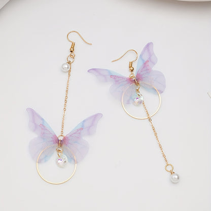 Stunning Butterfly Dangle Earrings - Drop & Dangle Jewelry with Sparkling Zirconia, Faux Pearl, Asymmetric Design, Silver Plated Alloy, Elegant and Eye-Catching Accessories for Women