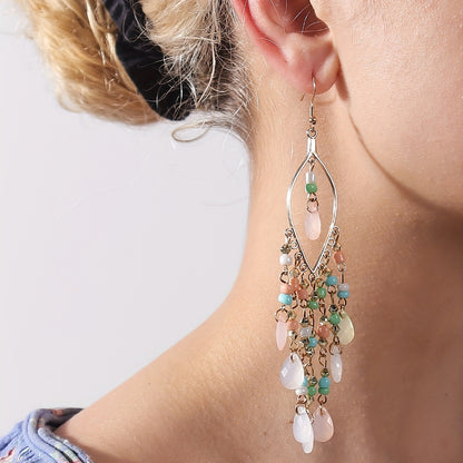 Hollow Leaf Shape Colorful Droplet Glass Tassel Dangle Earrings Bohemian Vocation Style Alloy Jewelry Trendy Holiday Earrings