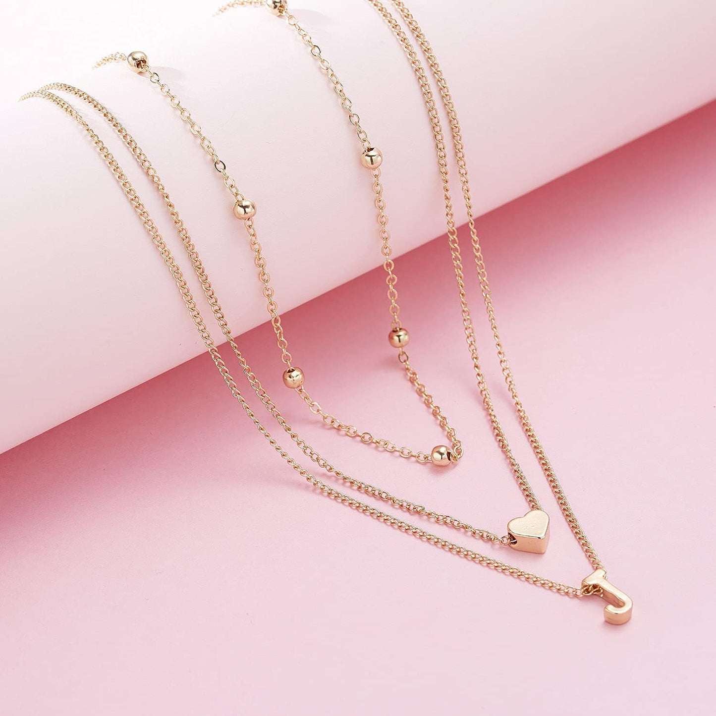 Dainty Gold Layered Initial Necklaces for Women, Simple Cute Heart Bead Letter Pendant Choker Necklace