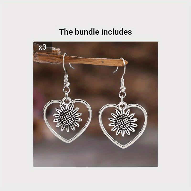 Retro Bohemian Hollow Heart With Sunflower Design Dangle Earrings Zinc Alloy Silver Plated Jewelry Female Trendy Gift