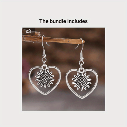 Retro Bohemian Hollow Heart With Sunflower Design Dangle Earrings Zinc Alloy Silver Plated Jewelry Female Trendy Gift