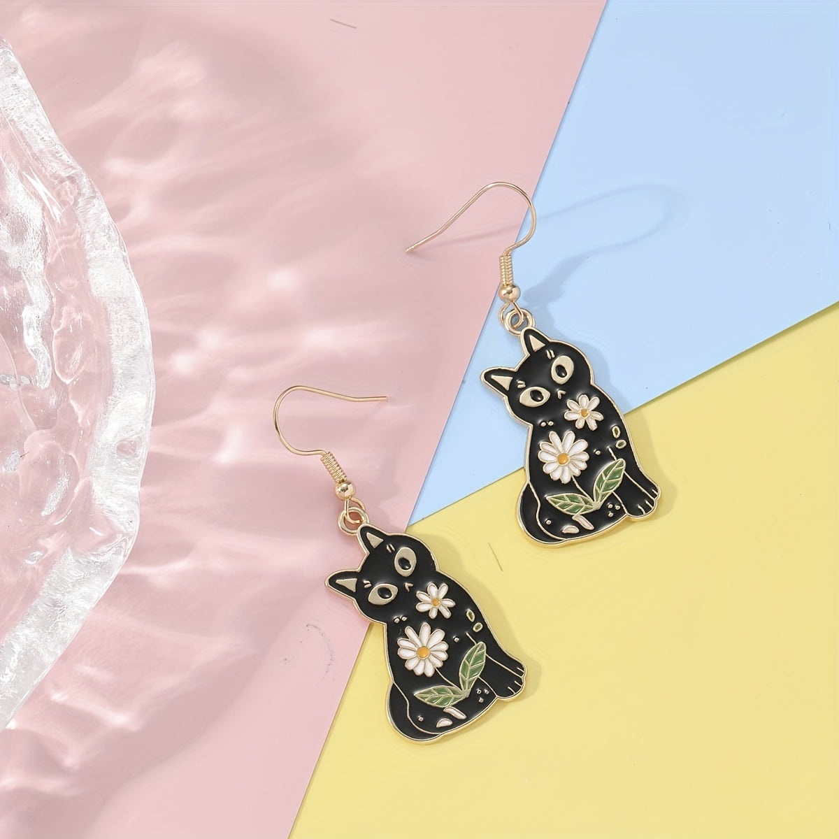 Whimsical Feline Enamel Dangle Earrings - Retro Elegant Style, Zinc Alloy, Flower Print, Cute Black Cat Design, Exquisite Female Gift, Durable, Hypoallergenic, Nickel-Free Jewelry