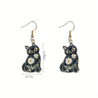 Whimsical Feline Enamel Dangle Earrings - Retro Elegant Style, Zinc Alloy, Flower Print, Cute Black Cat Design, Exquisite Female Gift, Durable, Hypoallergenic, Nickel-Free Jewelry
