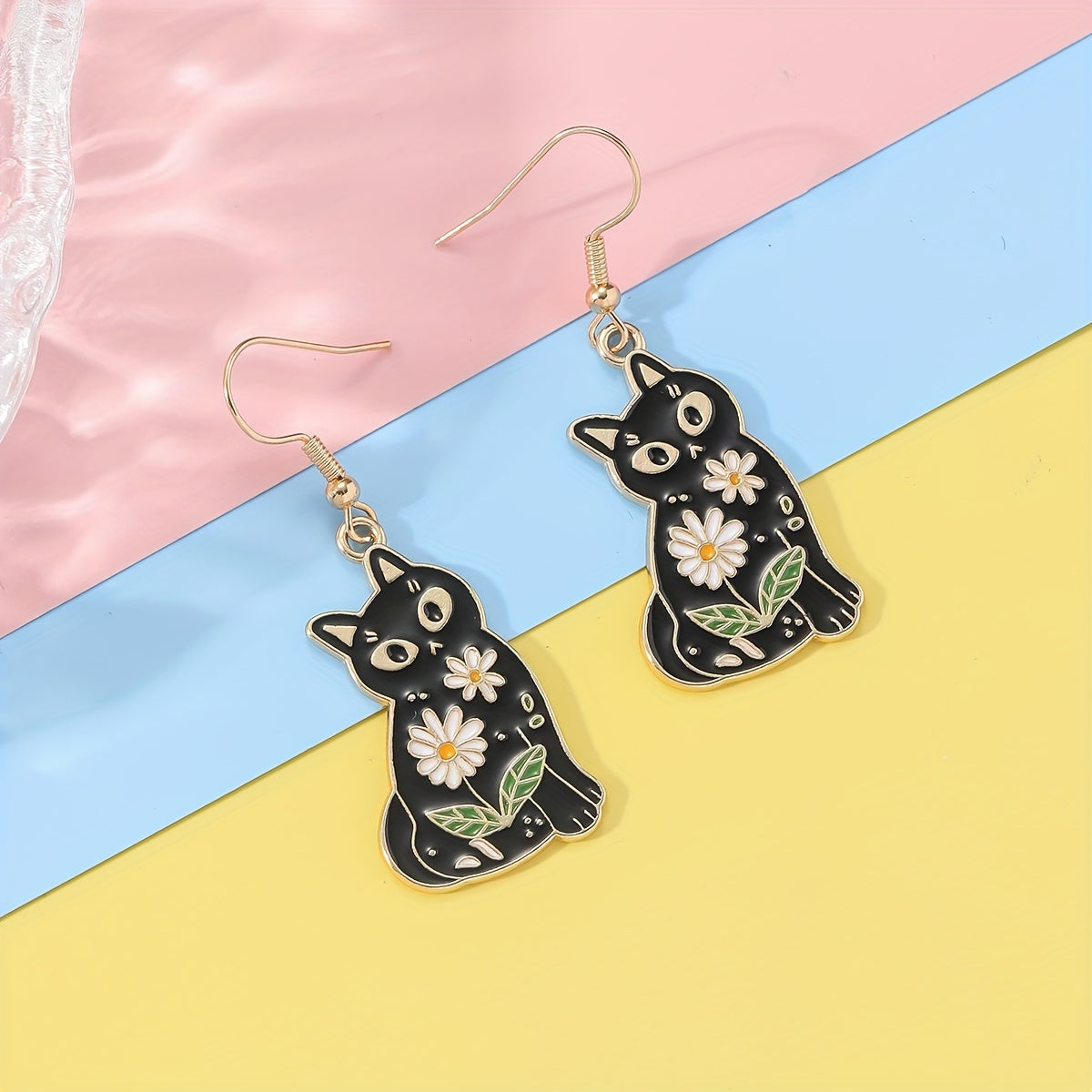 Whimsical Feline Enamel Dangle Earrings - Retro Elegant Style, Zinc Alloy, Flower Print, Cute Black Cat Design, Exquisite Female Gift, Durable, Hypoallergenic, Nickel-Free Jewelry