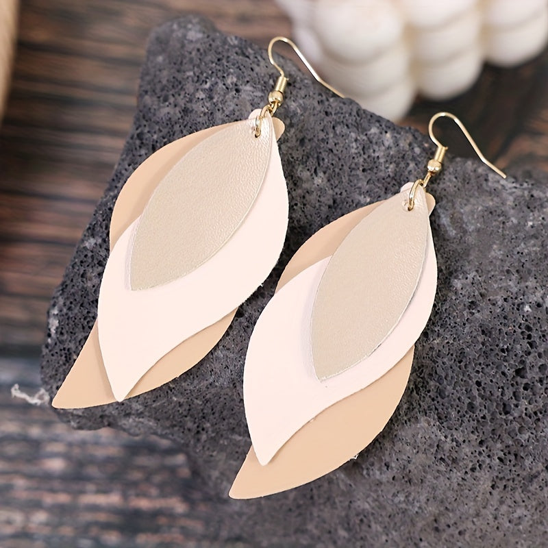 3-layer Vintage Leaf-Inspired Dangle Earrings - Chic PU Leather Craftsmanship - Ideal Fashion Accessory for Women's Everyday & Casual Outings