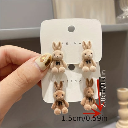 Charming Plush Bunny Earrings Set - Cute Teddy Bear Design in Beige & Brown with Faux Gemstone Accents, Alloy Craftsmanship for Casual Attire