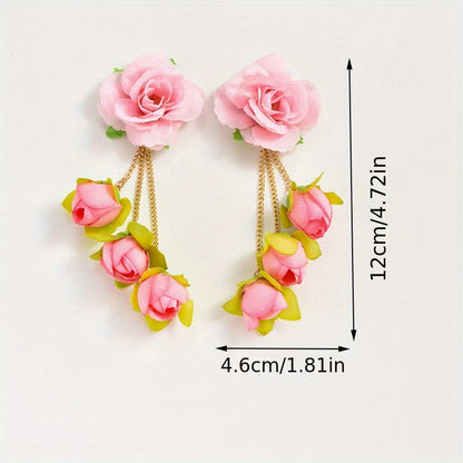 [Popular Choice] Colorful Bohemian Tassel Fabric Flower Earrings - Vibrant Polyester Dangle Earrings with Stainless Steel Hooks for Daily & Party Wear, All-Season Boho Chic Style