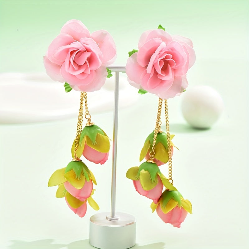 [Popular Choice] Colorful Bohemian Tassel Fabric Flower Earrings - Vibrant Polyester Dangle Earrings with Stainless Steel Hooks for Daily & Party Wear, All-Season Boho Chic Style