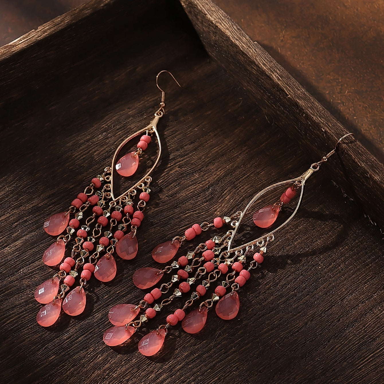 Hollow Leaf Shape Colorful Droplet Glass Tassel Dangle Earrings Bohemian Vocation Style Alloy Jewelry Trendy Holiday Earrings