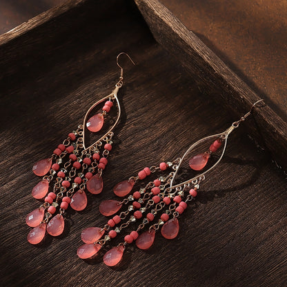 Hollow Leaf Shape Colorful Droplet Glass Tassel Dangle Earrings Bohemian Vocation Style Alloy Jewelry Trendy Holiday Earrings