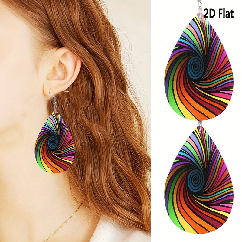 2D Flat - 1 Pair Bohemian Style Colorful Vortex Women'S Earrings with Dizzying Design and Faux Leather Pendant, 2D Flat