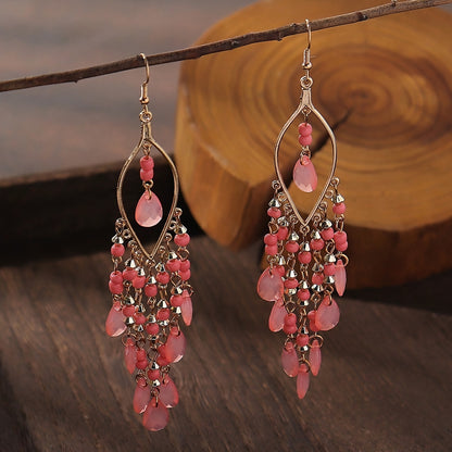 Hollow Leaf Shape Colorful Droplet Glass Tassel Dangle Earrings Bohemian Vocation Style Alloy Jewelry Trendy Holiday Earrings