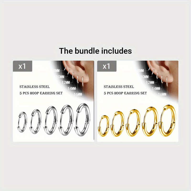 5pcs Stainless Steel Earrings Round Wire Earrings Hooks Loop Drop Dangles Set, Huggie Hoop Earring Hooks For Men