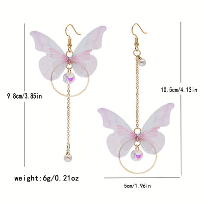 Stunning Butterfly Dangle Earrings - Drop & Dangle Jewelry with Sparkling Zirconia, Faux Pearl, Asymmetric Design, Silver Plated Alloy, Elegant and Eye-Catching Accessories for Women