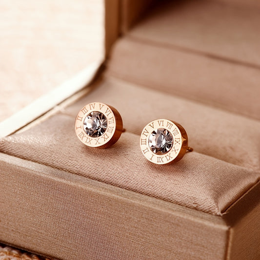 Chic Stainless Steel Roman Numeral Stud Earrings with Sparkling Zirconia - Rose Golden Plated, Perfect for Everyday & Party Wear