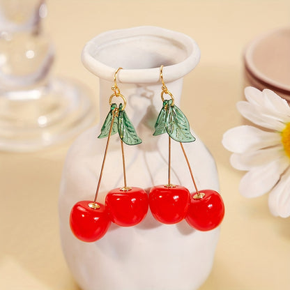 [Cute Cherry Earrings] Exquisite Cherry Drop Earrings - Handmade Resinous Material - Delicate Gift For Students with Green Leaf Cartoon Cute Temperament