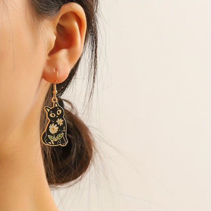 Whimsical Feline Enamel Dangle Earrings - Retro Elegant Style, Zinc Alloy, Flower Print, Cute Black Cat Design, Exquisite Female Gift, Durable, Hypoallergenic, Nickel-Free Jewelry
