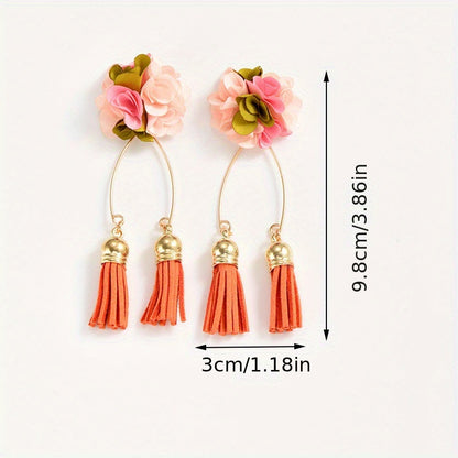 [Popular Choice] Colorful Bohemian Tassel Fabric Flower Earrings - Vibrant Polyester Dangle Earrings with Stainless Steel Hooks for Daily & Party Wear, All-Season Boho Chic Style