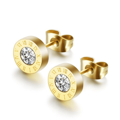 Chic Stainless Steel Roman Numeral Stud Earrings with Sparkling Zirconia - Rose Golden Plated, Perfect for Everyday & Party Wear
