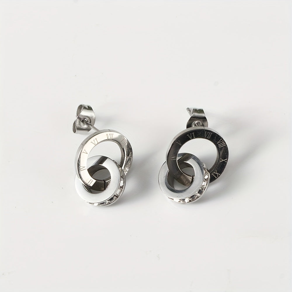 Elegantes Aretes de Acero Titanio con Circonitas Brillantes y Números Romanos - Hipoalergénicos, Perfectos para Cualquier Ocasión, Ideal Regalo para Ella